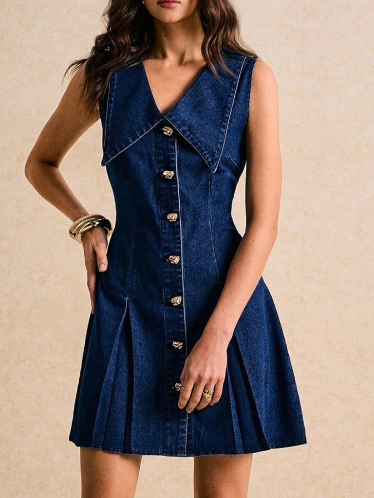 Dark Wash Casual Women's Front Button Pleated Sleeveless Denim Mini Dress